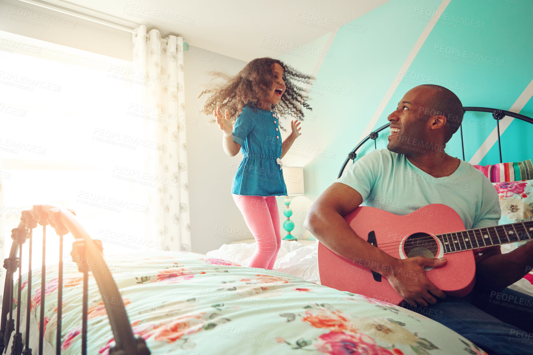 Buy stock photo Child, jump and father with guitar at home for playing, having fun or bonding together with concert. House, musical instrument or entertainment with dad musician with skills, sound and girl in bed