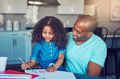 Buy stock photo Man, dad and daughter for help with homework in home for education, learning and support with care. Parent, school work and happy on teaching for child development for project, art and creativity