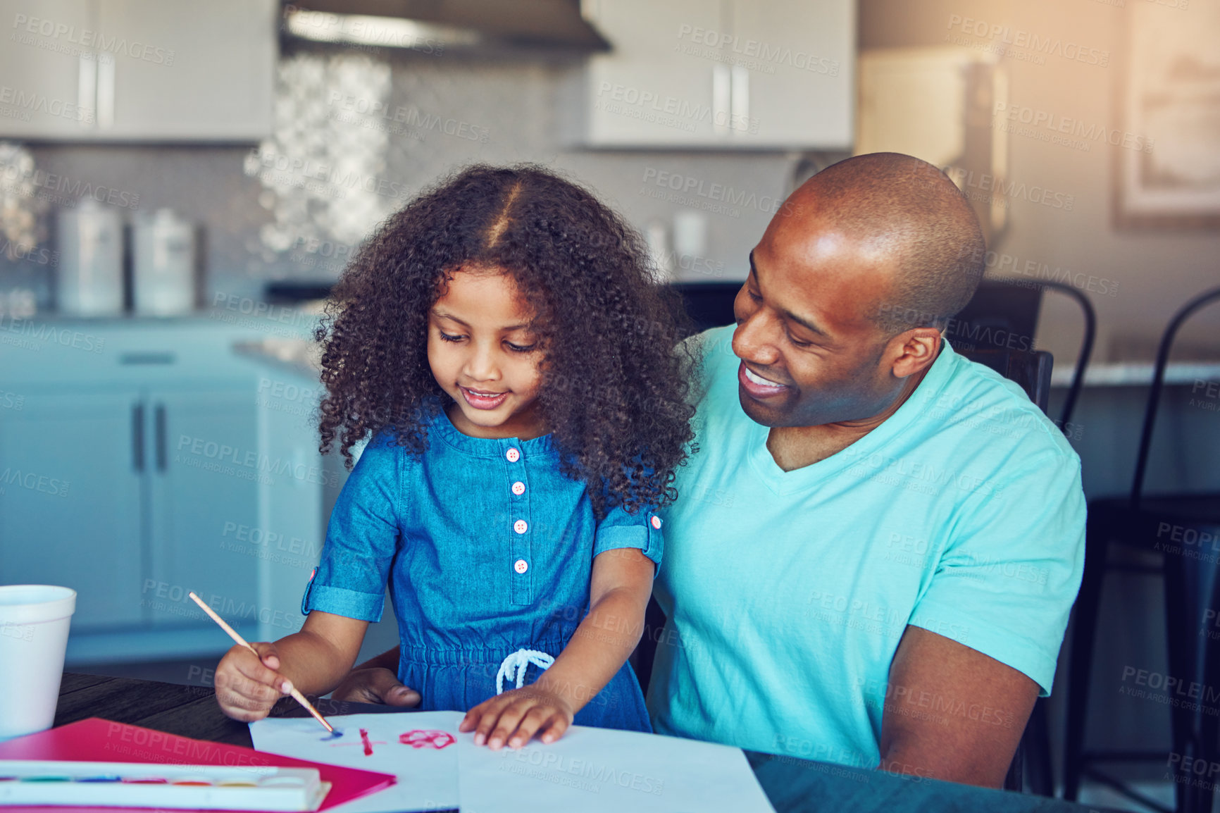 Buy stock photo Man, dad and daughter for help with homework in home for education, learning and support with care. Parent, school work and happy on teaching for child development for project, art and creativity