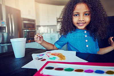 Buy stock photo Kid, girl and portrait with painting for homework in home for education, learning and smile and enjoy. Gen z, school work and happy for child development, art and creativity with growth and knowledge