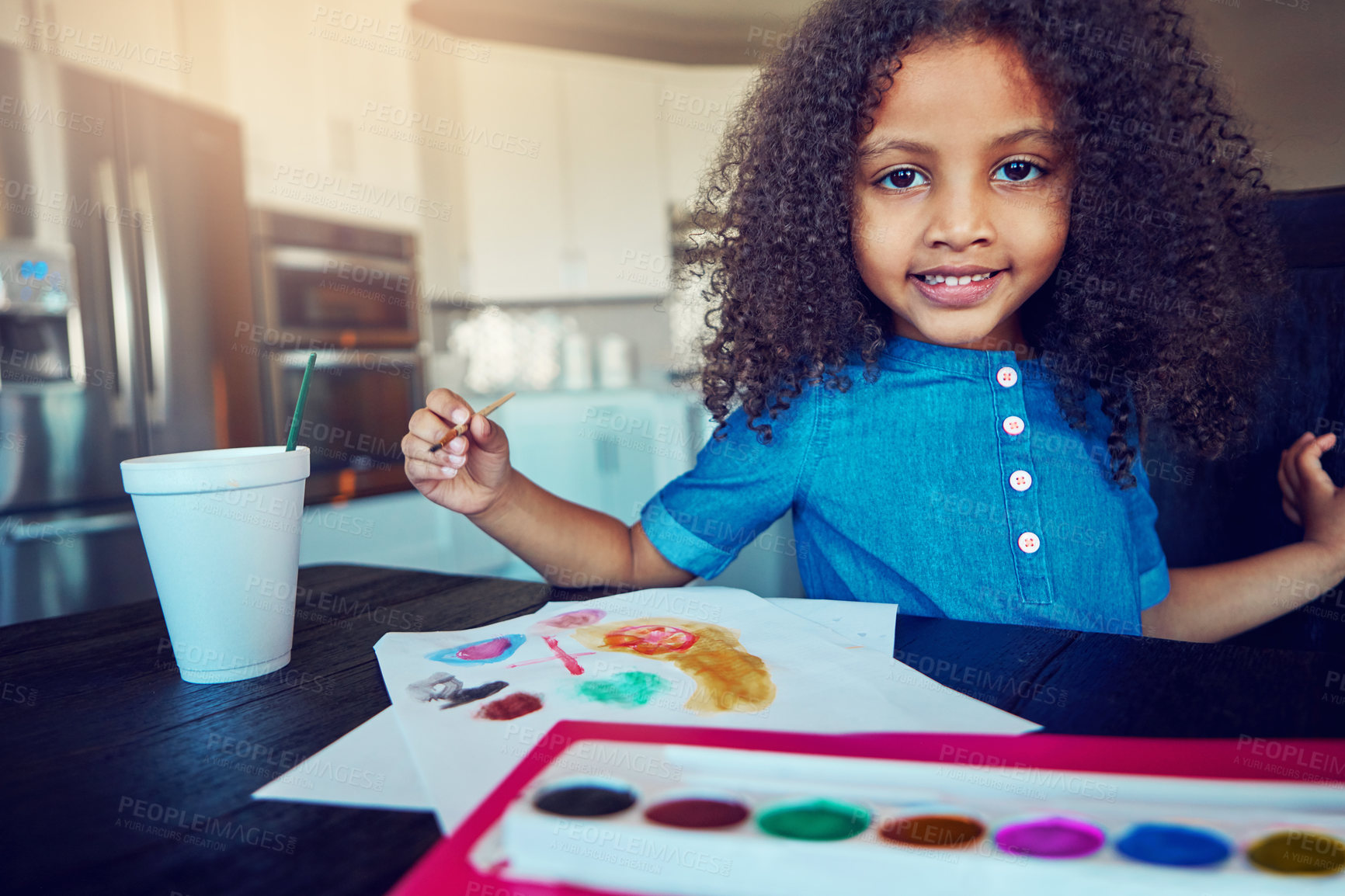 Buy stock photo Kid, girl and portrait with painting for homework in home for education, learning and smile and enjoy. Gen z, school work and happy for child development, art and creativity with growth and knowledge