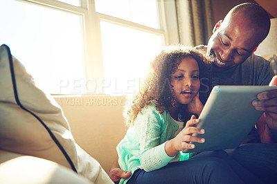 Buy stock photo Home, father and child with tablet on sofa for game, streaming cartoon or movies in lounge. Family, dad and girl with digital for elearning, education or online application for reading ebook on couch