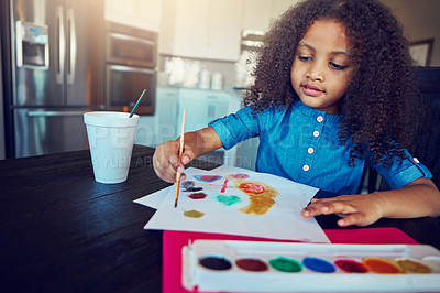 Buy stock photo Kid , girl and portrait with painting for homework in home for education, learning and fun and enjoy. Color, school work and serious for child development, art and creativity with growth and playful