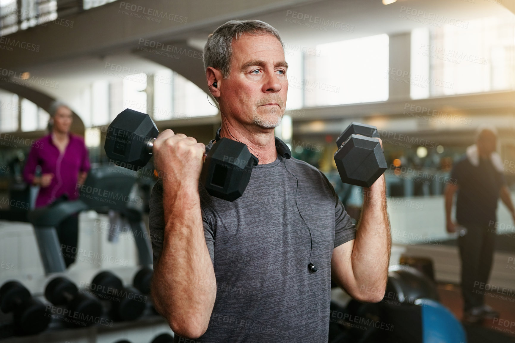 Buy stock photo Senior fitness, old man and dumbbells at a gym for weightlifting, challenge or workout, training or bodybuilding. Biceps, arms and elderly person with hand weight for strength, mindset or exercise