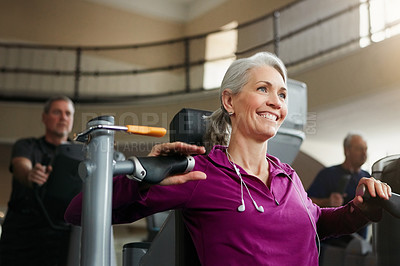 Buy stock photo Portrait of a happy senior woman working out with a chest press at the gym