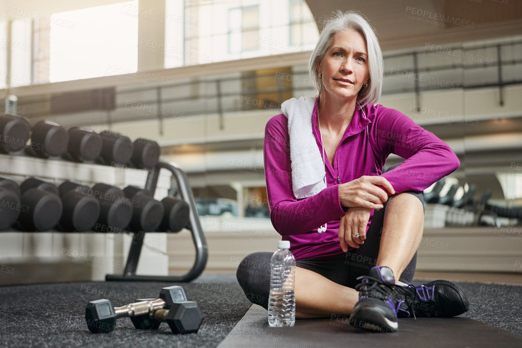 Buy stock photo Fitness, floor and portrait of mature woman with smile, relax and happiness with water bottle at workout. Exercise, training and confident female athlete on break for gym, health and wellness in club