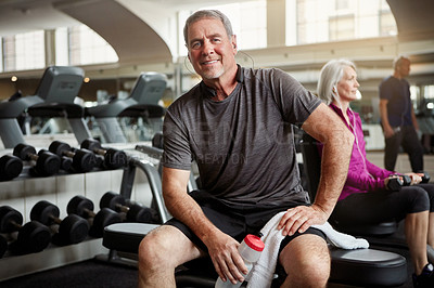 Buy stock photo Fitness, music and portrait of old man in gym with water bottle for training, exercise and workout. Sports, retirement and person with listening to music, audio and radio for wellness, rest or health