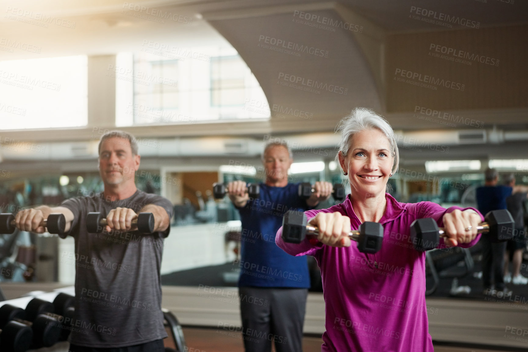Buy stock photo Training, fitness or senior people with dumbbells at gym for club exercise, wellness or cardio, health or strength. Class, workout or elderly friends at sport studio for bodybuilding or weightlifting