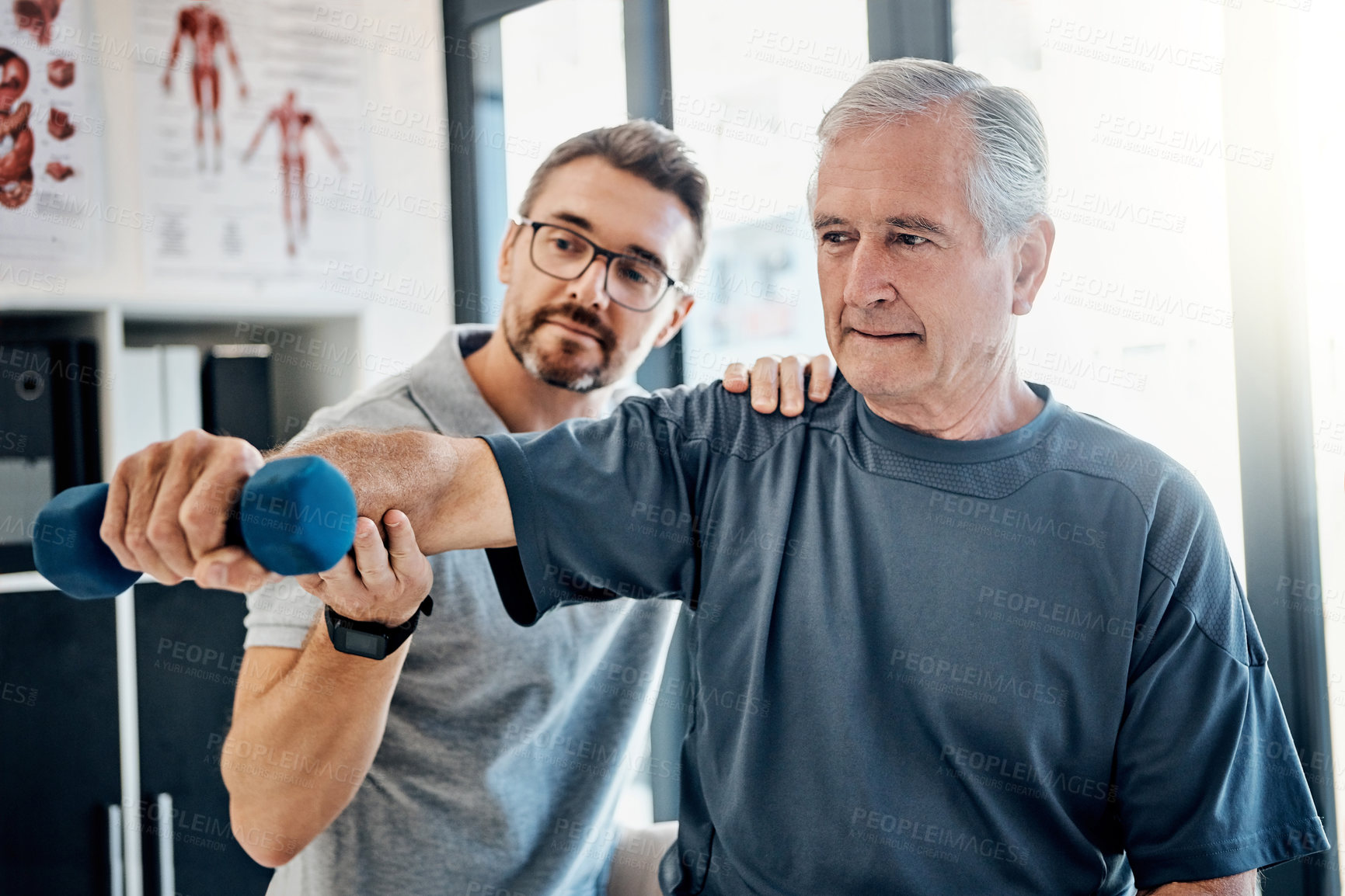 Buy stock photo Weight, senior man and physiotherapy with chiropractor, wellness and client assessment at doctor. Consultation, rehabilitation and arm exercise from physical therapy and recovery of patient with care