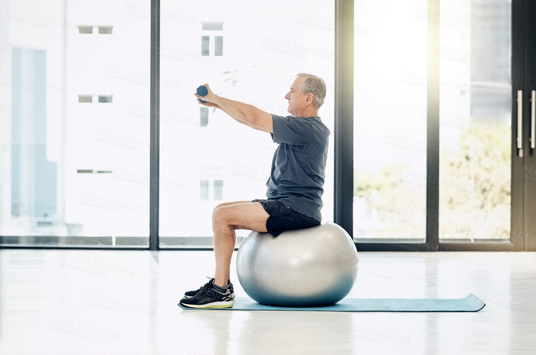 Buy stock photo Weights, physio and old man with gym ball, muscle stretching and fitness for senior person. Physiotherapy, dumbbells and elderly patient in mobility training, exercise or healthcare in retirement