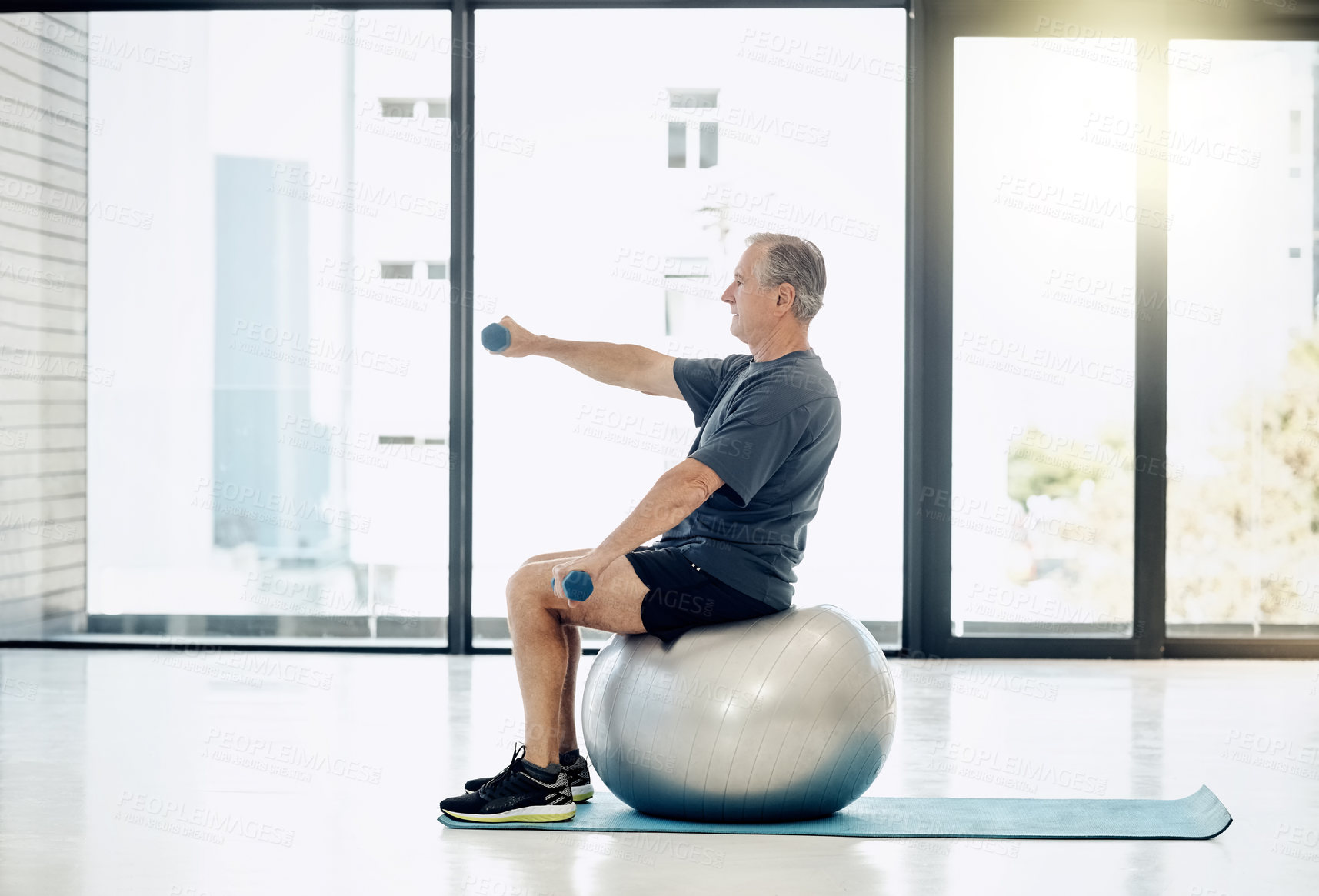 Buy stock photo Dumbbells, physio and old man with gym ball, muscle stretching and fitness for senior person. Physiotherapy, progress and elderly patient in mobility training, exercise or healthcare in retirement