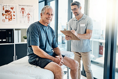 Buy stock photo Physiotherapy, chiropractor and elderly man with checklist for rehabilitation, recovery and treatment. Healthcare, clipboard and physical therapist with patient for medical care, wellness and support