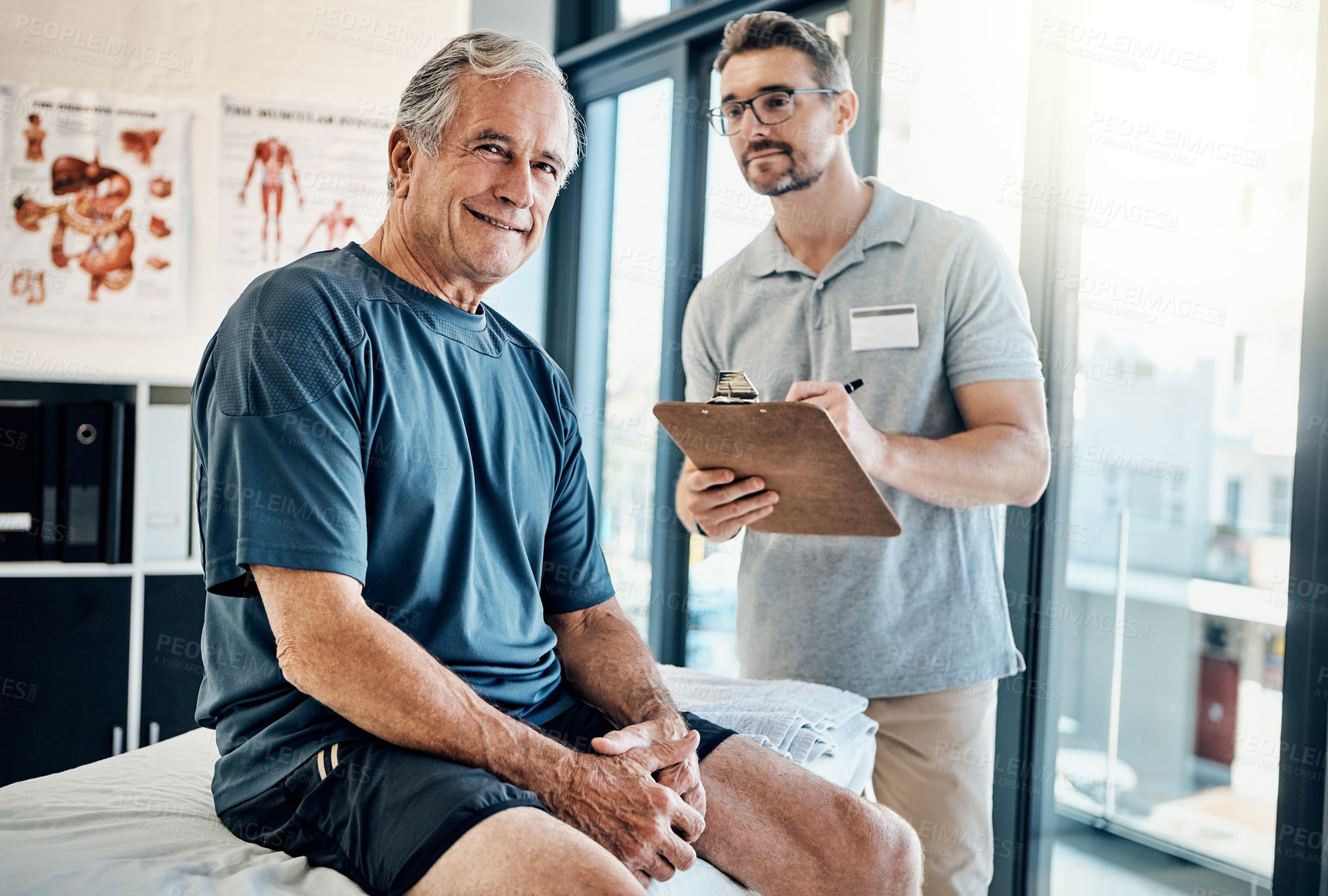 Buy stock photo Physiotherapy, chiropractor and portrait of old man consulting for rehabilitation and recovery. Healthcare, physical therapy and patient with clipboard for medical service, wellness and support