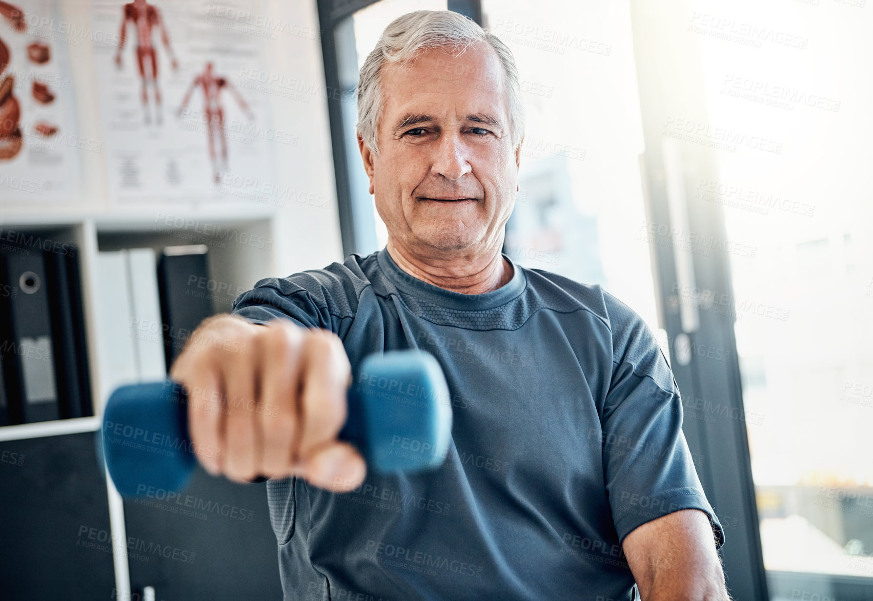 Buy stock photo Portrait, physio and old man with dumbbell, stretching and progress at senior rehabilitation clinic. Physiotherapy, weights and elderly patient in mobility training, exercise or health in retirement