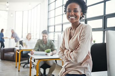 Buy stock photo Leader, black woman and office portrait with smile by business people, success and vision at web design company. Creative boss, leadership and modern startup with confidence, career goals and happy