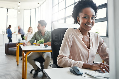 Buy stock photo Computer, black woman portrait and business coworking office of a employee by a computer. Lens flare, busy web design workplace and female web designer worker working on a creative project with team