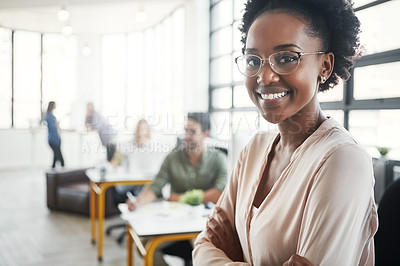 Buy stock photo Portrait, business and black woman arms crossed in office, smile and confident entrepreneur, coworkers and achievement.  Nigerian female, leader and employee with happiness, corporate deal and target