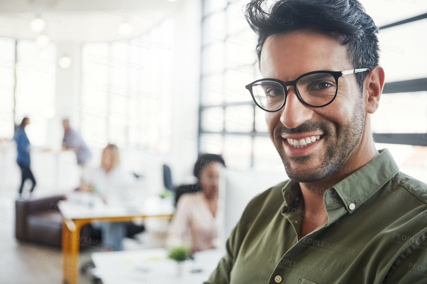 Buy stock photo Portrait, smile and man with confidence in digital agency, graphic design career and project development. Professional, pride and manager with positive attitude in workplace, creativity and startup