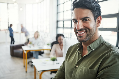 Buy stock photo Happy, smile and portrait of businessman in office for management, leadership and vision. Web design, startup and future with face of ceo in creative digital agency for mindset, mentor and goal