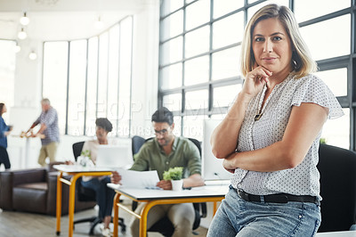 Buy stock photo Creative business woman, smile and arms crossed thinking of idea in leadership or management at office. Portrait of young confident female designer standing in thought for career startup at workplace