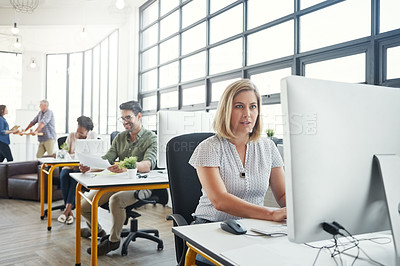Buy stock photo Business, office building and woman with computer working on online email, website research and project. Productivity, corporate agency and female worker at desk for planning, schedule and strategy