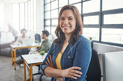 Buy stock photo Creative business woman, leader and arms crossed with smile for management, career or vision at the office. Portrait of a young designer standing and smiling in happiness for job, goals or startup