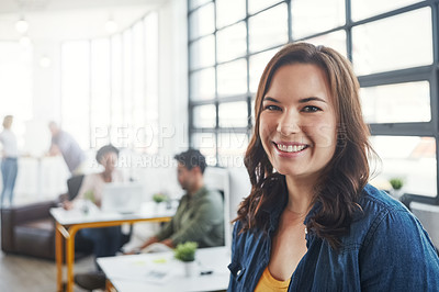 Buy stock photo Creative business woman, leader and smile for management, career or vision at the office. Portrait of a young designer standing and smiling in happiness for job, goals or startup at the workplace