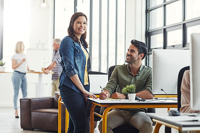 Buy stock photo Business people, computer and coaching with team and leader help in coworking startup with digital data on screen. Man, woman and work together, collaboration and partnership with advice and training