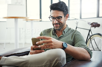 Buy stock photo Phone, corporate or business man thinking of invest strategy, finance growth or financial networking. CEO, smile or manager in office building planning, data analysis or economy analytics review