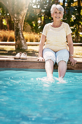 Buy stock photo Relax, senior woman and feet pool in happy portrait with smile and fun time on retirement holiday. Summer, sun and old lady with legs in water, retired and smiling on luxury vacation at spa in Cancun