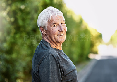 Buy stock photo Portrait of a senior man out for a run