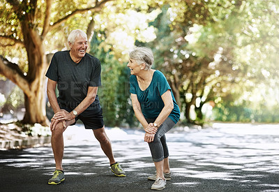 Buy stock photo Outdoor, stretching and senior couple with fitness, wellness and workout with sunshine, challenge and activity. People in park, old man and mature woman with training, health and cardio with energy