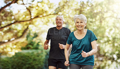 Buy stock photo Running, outdoor and senior couple with training, exercise and bonding together with wellness. People in park, old man and mature woman with challenge, retirement and hobby with sunshine and fitness