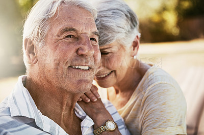Buy stock photo Shot of a happy senior couple spending quality time together outside