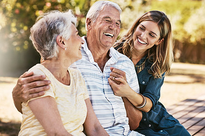 Buy stock photo Woman, grandparents and hug for family summer vacation, holiday or break together in the outdoors. Happy grandma, grandpa and daughter with smile in joyful happiness, love or care for elderly parents