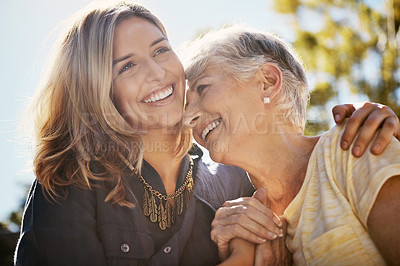 Buy stock photo Senior mom, woman and hug for love, support care and happiness together in nature park. Elderly mother, happy family and daughter relax, calm and smile for relationship bonding adventure outdoor