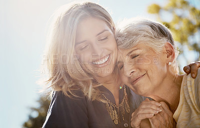 Buy stock photo Family, love or smile with a senior mother and daughter bonding outdoor together during a summer day. Happy, flare and retirement with a young man hugging her elderly parent outside in the park