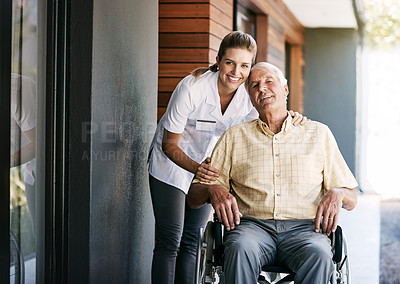 Buy stock photo Portrait of a nurse caring for a senior patient in a wheelchair outside a retirement home