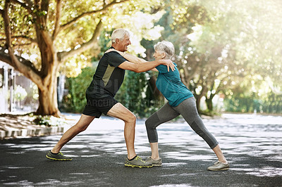 Buy stock photo Outdoor, stretching and senior couple with balance, fitness and workout with sunshine, challenge and wellness. People in park, old man and mature woman with training, summer and cardio with health