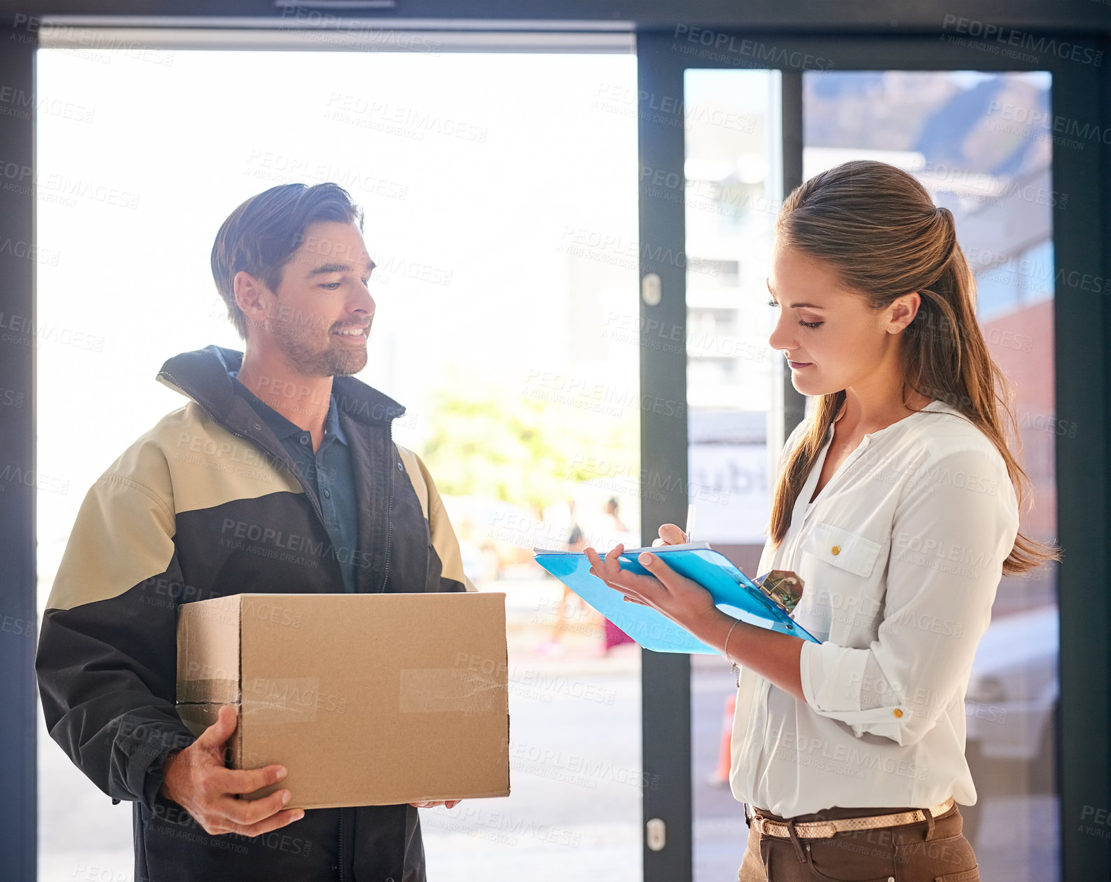 Buy stock photo Courier, doorway and woman sign for package, delivery and compliance policy with parcel. People, employee and client in house, boxes and ecommerce with logistics, writing and product with shipping