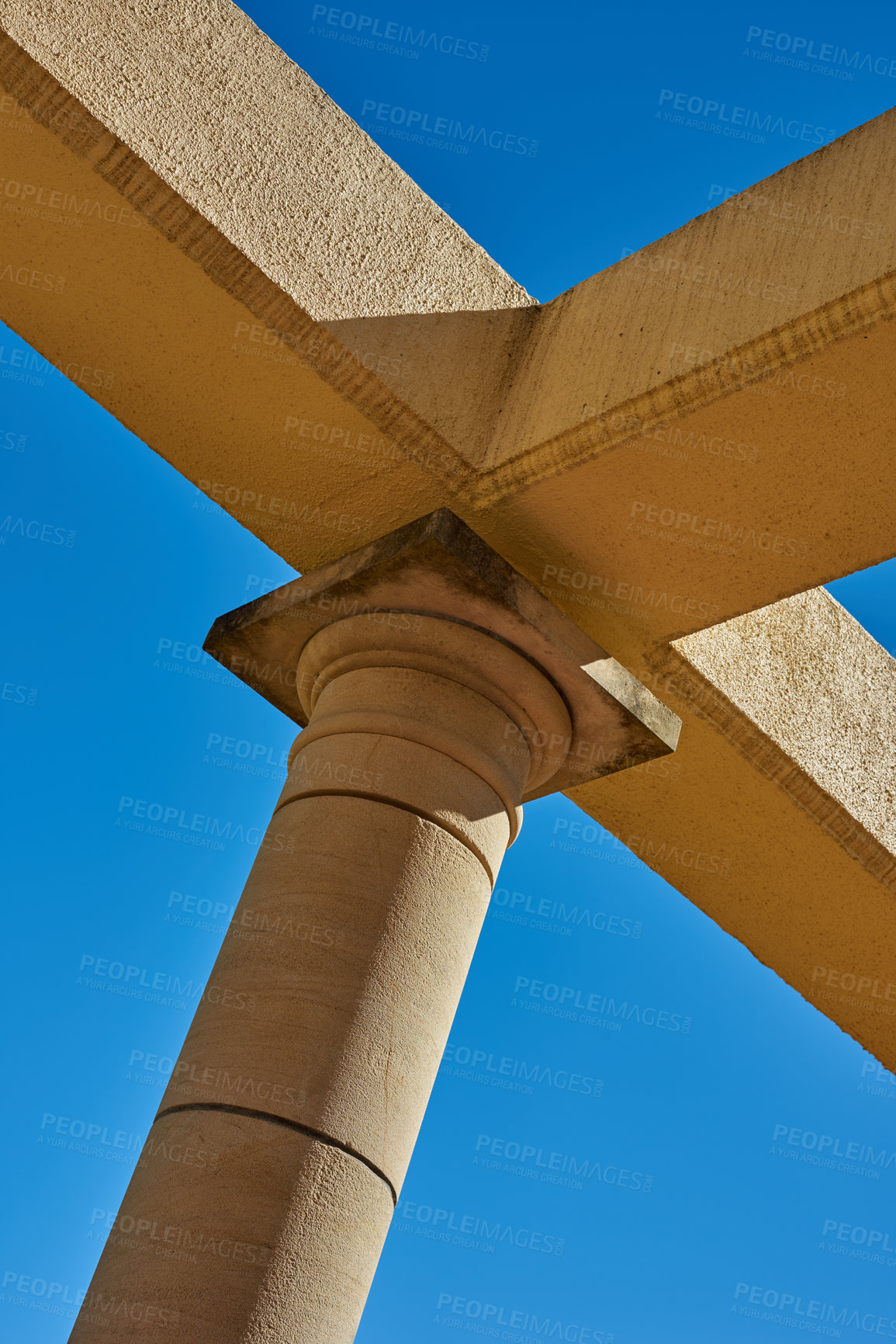 Buy stock photo Architecture, history and temple with column in nature for antique, ancient building or low angle. Culture, tourism and travel with concrete landmark outdoor in Greece for stone sculpture or heritage