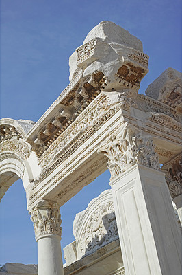 Buy stock photo Architecture, ruins and archway with temple in nature for antique, ancient building and history. Culture, tourism and travel with concrete landmark Greece for stone sculpture and heritage low angle