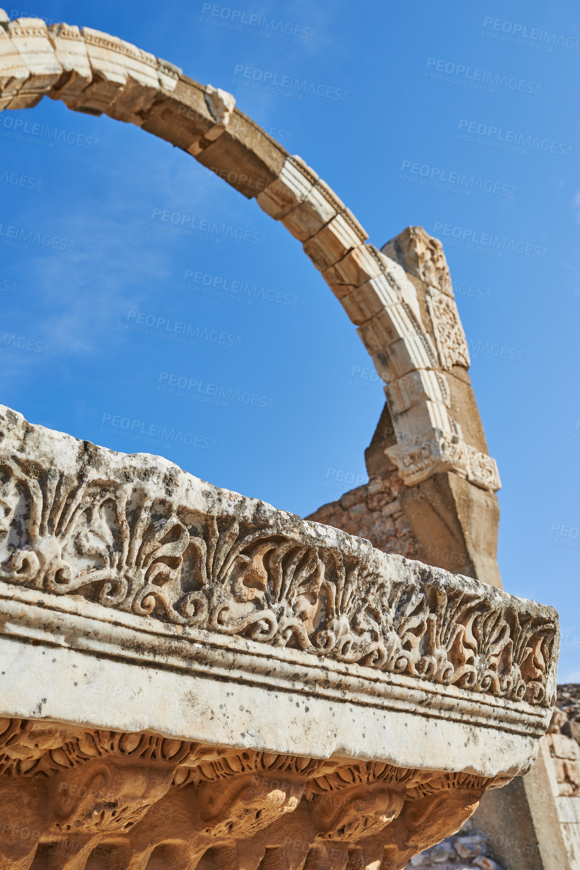 Buy stock photo Architecture, history and building with archway in nature for antique, ancient temple or low angle. Culture, ruins and travel with concrete landmark outdoor in Greece for stone sculpture or heritage