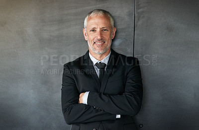 Buy stock photo Happy, portrait and a businessman with a smile and arms crossed in studio. Confident senior entrepreneur or executive person with corporate clothes, positive mindset and career pride on mockup space