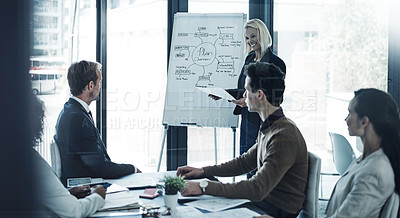 Buy stock photo Shot of a corporate businesswoman giving a presentation to her colleagues in the boardroom