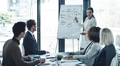 Buy stock photo Shot of a corporate businesswoman giving a presentation to her colleagues in the boardroom