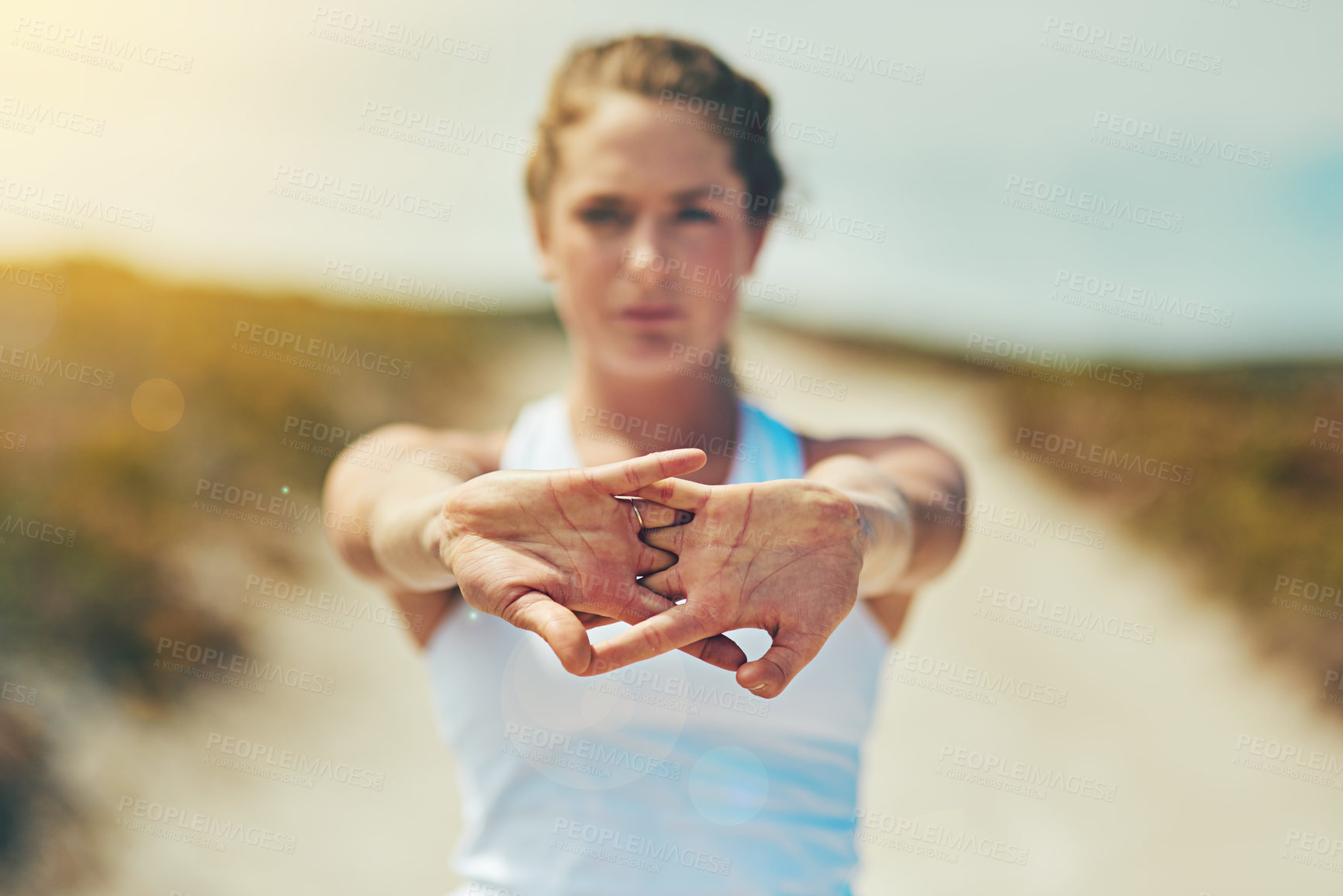 Buy stock photo Fitness, portrait and stretching hands with woman outdoor on trail for summer, exercise and health. Wellness, training and warm up with female athlete on coast for running, workout and morning cardio