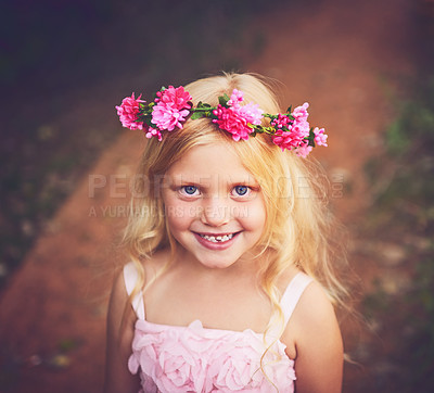 Buy stock photo Happy, flower crown and portrait of child in nature for fantasy, imagination or play time in forest. Smile, sweet and cute girl kid from Germany with floral headband outdoor in woods for adventure.