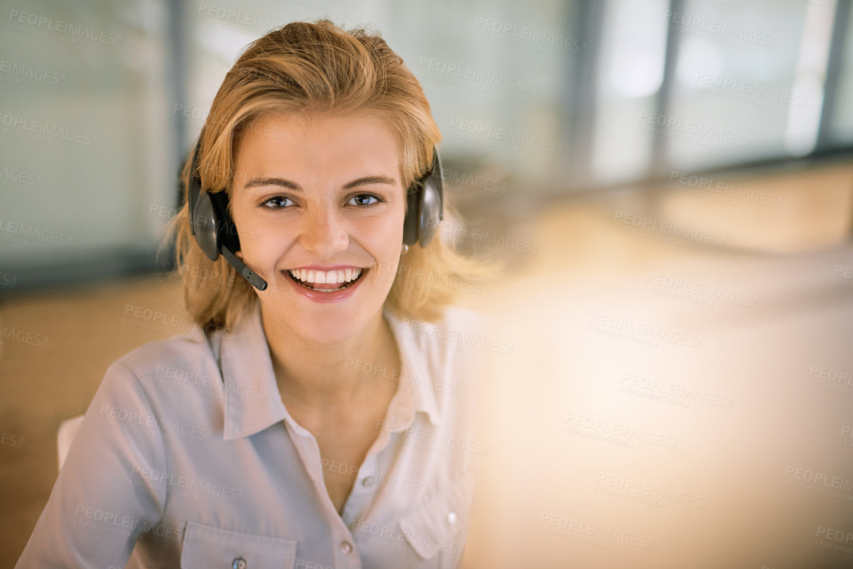 Buy stock photo Call center, computer and portrait of consultant woman in office for advice, help or lead generation. Face, headset and smile of happy employee in customer service workplace for contact or support