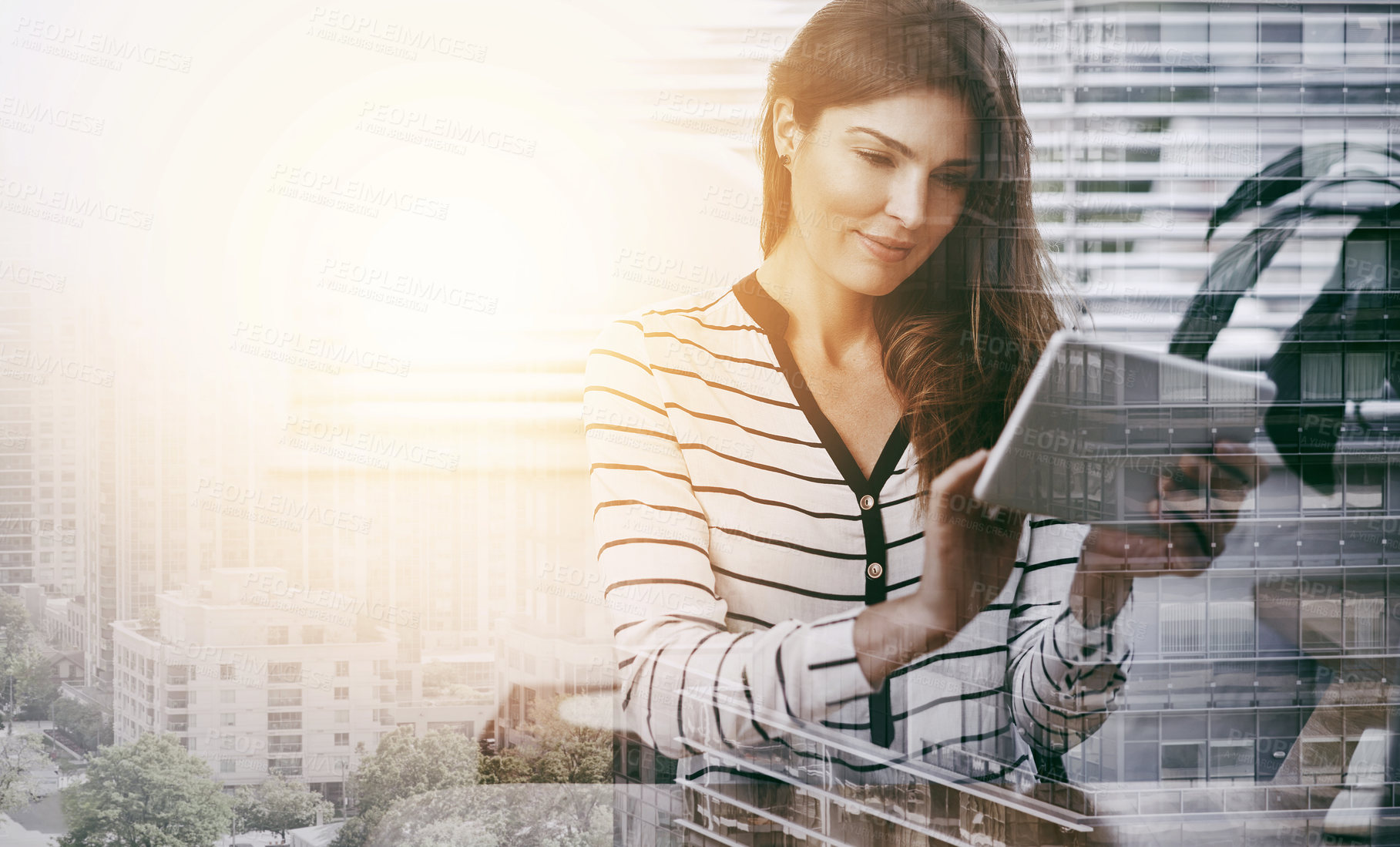 Buy stock photo Multiple exposure shot of a businesswoman using a digital tablet superimposed over a cityscape
